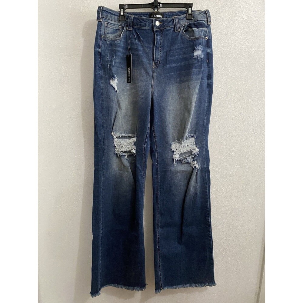 Fashion Nova Distressed Dark Blue Flare Jeans